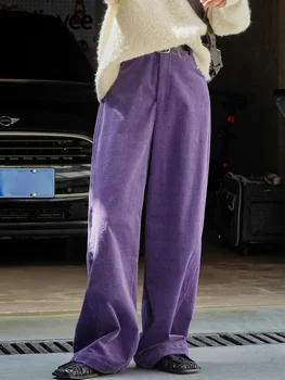 ENjoyce 2023 Зима Женская корейская мода Фиолетовые вельветовые широкие брюки Повседневные теплые свободные прямые брюки с высокой талией
