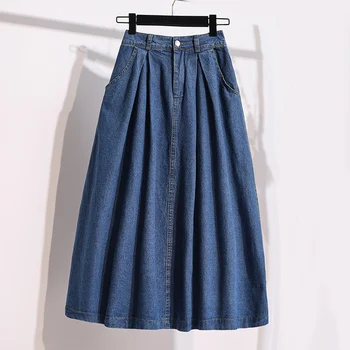Женская джинсовая юбка миди Лето в корейском стиле Элегантная мода с высокой талией Повседневная винтажная плиссированная юбка Джинсовая юбка большого размера