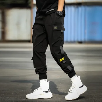 Мужчины Блок Черные карманные брюки-карго Гаремные джоггеры Harajuku Спортивные штаны Хип-хоп Тактические брюки