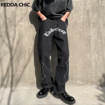 REDDACHIC Черные мешковатые джинсы с вышивкой крестом для мужчин Брюки с низкой талией Прямые свободные повседневные брюки с широкими штанинами Брюки в стиле ретро Y2k Хип-хоп