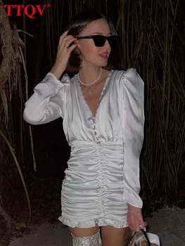 TTQV Модные белые тонкие женские платья Осенние атласные однобортные платья с длинным рукавом Элегантное мини-платье с высокой талией и рюшами