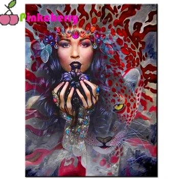 Алмазная живопись Леопард Леди Красная Кровь Хэллоуин полный квадрат круглые поделки, картина горного хрусталя, мозаика, алмазная вышивка E21