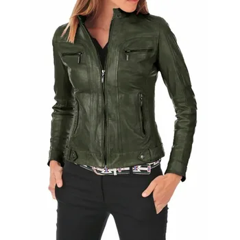 Женщины оливково-зеленая куртка натуральная кожа ягненка мотоцикл приталенный костюм пальто S-3XL кожаная куртка