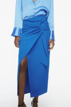 Женщины Синяя боковая юбка миди с бантом Элегантная асимметричная длинная юбка с высокой талией и разрезом Женская застежка-молния Уличные наряды