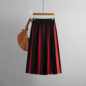  Похудение Уменьшение возраста Черно-белая пэчворк Плиссированная юбка средней длины Ретро трикотажная юбка половинной длины для женщин с высокой талией