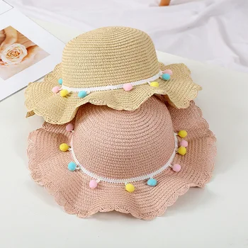 Шляпа для девочки 2023 Летняя кепка Дышащие соломенные шляпы Красочный мяч Сладкая принцесса Шляпа Приморский с сумкой Детские шапки от 2 до 7 лет